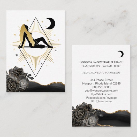 Carte De Visite *~* Déesse Rose Black Gold Yoga Moon Triangle (Devant / Derrière)
