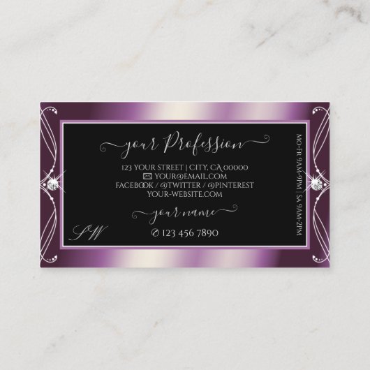 Carte De Visite Défilement Noir Violet Parkle Diamants Initiales (Dos)