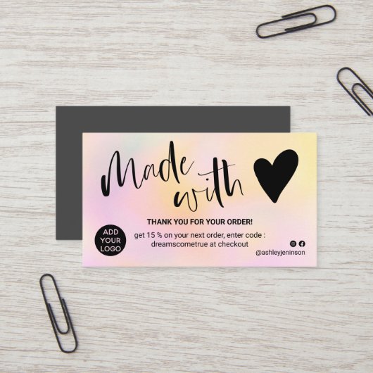 Carte De Visite dégradé rose jaune merci fait avec amour (Devant/Arrière en situation)