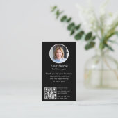 Carte De Visite Demande d'avis moderne avec code QR et photo noir (Debout devant)