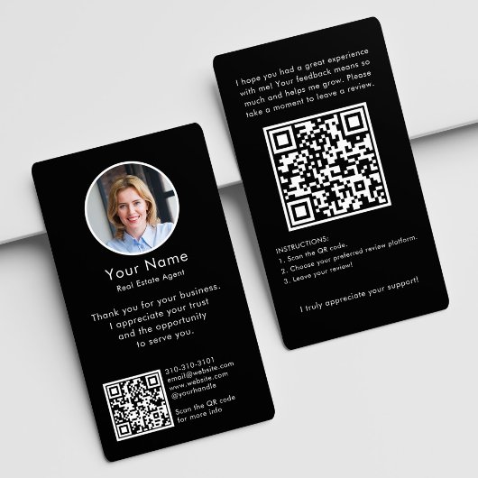 Carte De Visite Demande d'avis moderne avec code QR et photo noir