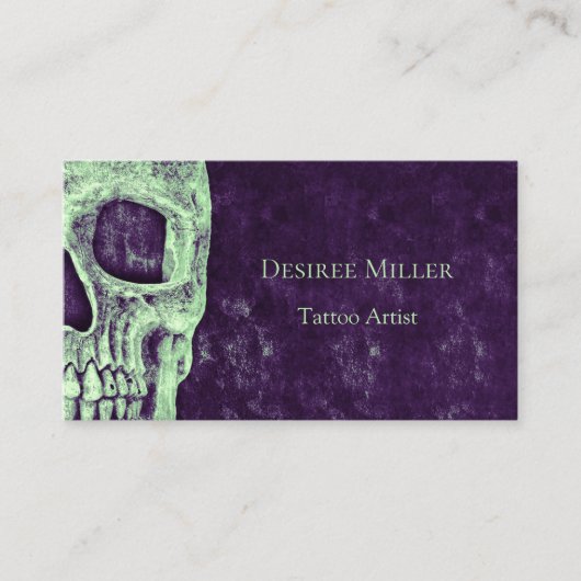 Carte De Visite Demi-crâne gothique Artiste de tatouage vert viole (Devant)