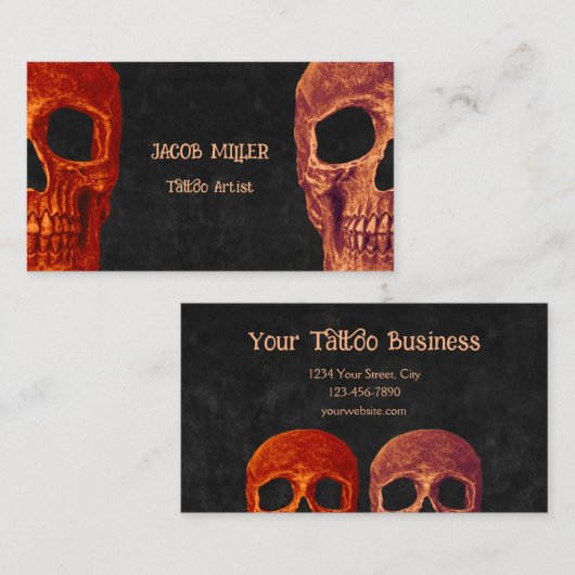 Carte De Visite Demi-crâne Gothique Orange Black Texture Boutique (Devant / Derrière)