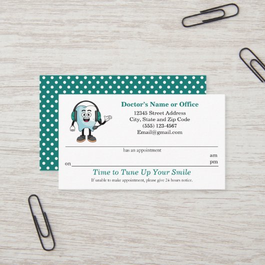 Carte De Visite Dental Appointment Reminder Business Card (Devant/Arrière en situation)