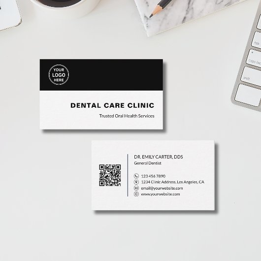 Carte De Visite Dental Clinic Dentist Custom Logo QR Code Black