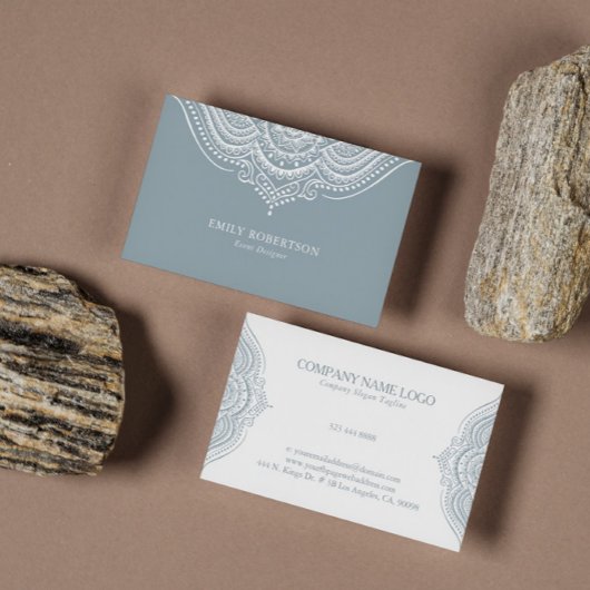 Carte De Visite Dentelle Blanche Paisley Mandala Sur Blue Grey