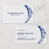 Carte De Visite Dentelle florale blanche et marine (Devant / Derrière)