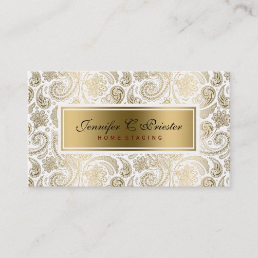 Carte De Visite Dentelle Florale Blanche Et Or Paisley 2 (Devant)