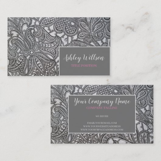 Carte De Visite Dentelle florale grise (Devant / Derrière)