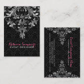 Carte De Visite Dentelle Florale Noire Et Métallique Argent 2 (Devant / Derrière)