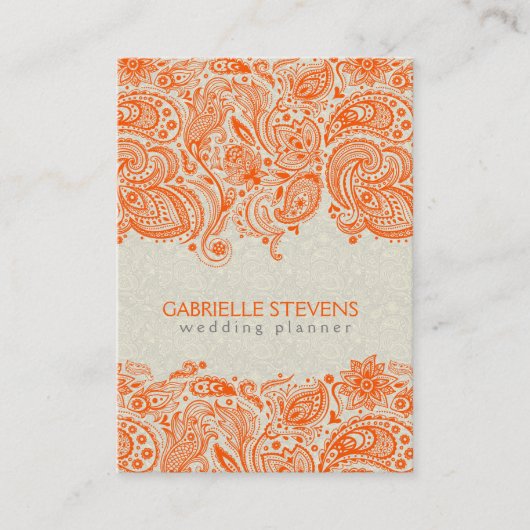 Carte De Visite Dentelle Florale Orange Et Beige Paisley (Devant)
