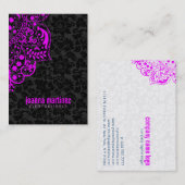 Carte De Visite Dentelle rose chaude et Damas noir et blanc révers (Devant / Derrière)