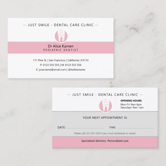 Carte De Visite Dentiste pédiatrique | Pratique dentaire (Devant / Derrière)