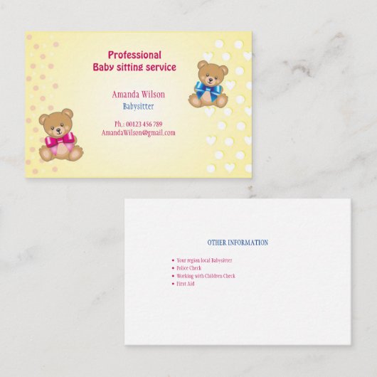 Carte de visite des baby-sitters (Devant / Derrière)