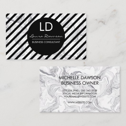 Carte de visite des rayures de monogramme de marbr (Devant / Derrière)