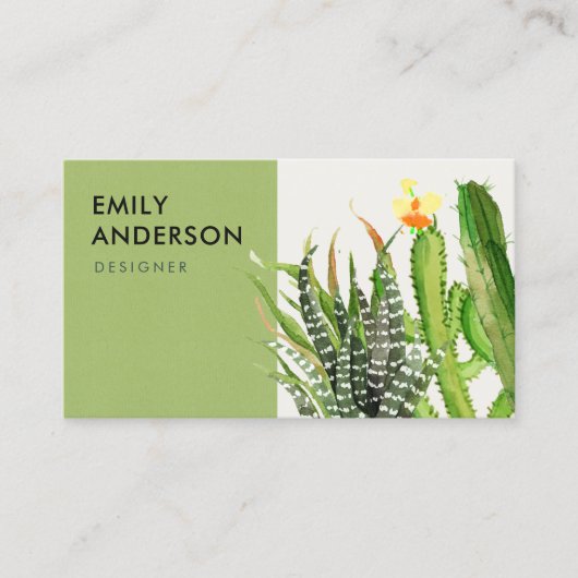 CARTE DE VISITE DÉSERT MODERNE CACTUS JARDIN FLEURI COULEUR D'EAU (Devant)