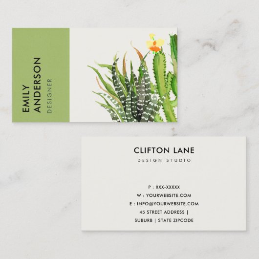 CARTE DE VISITE DÉSERT MODERNE CACTUS JARDIN FLEURI COULEUR D'EAU (Devant / Derrière)