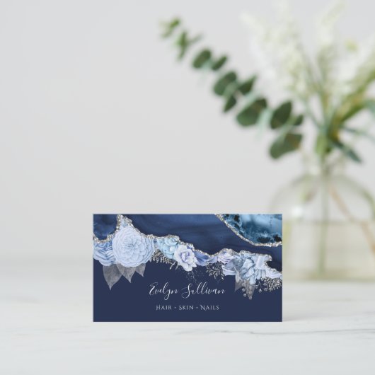 carte de visite design agate de fleurs bleues (Debout devant)