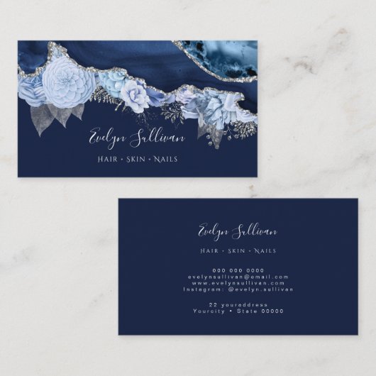 carte de visite design agate de fleurs bleues (Devant / Derrière)