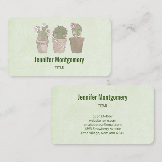 Carte De Visite Design d'aquarelle Trio Cactus Trio mignon et sour (Devant / Derrière)