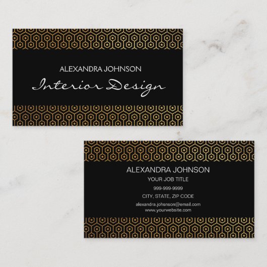 Carte De Visite Design d'intérieur Art déco élégant noir et or (Devant / Derrière)