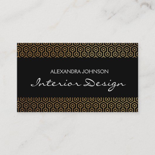 Carte De Visite Design d'intérieur Art déco élégant noir et or (Devant)