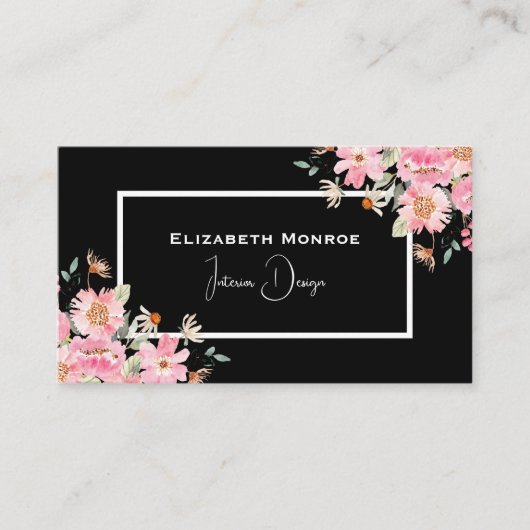 Carte De Visite Design d'intérieur de script floral noir (Devant)