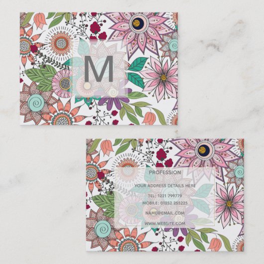 Carte De Visite Design élégant doodé fleuri design dynamique (Devant / Derrière)