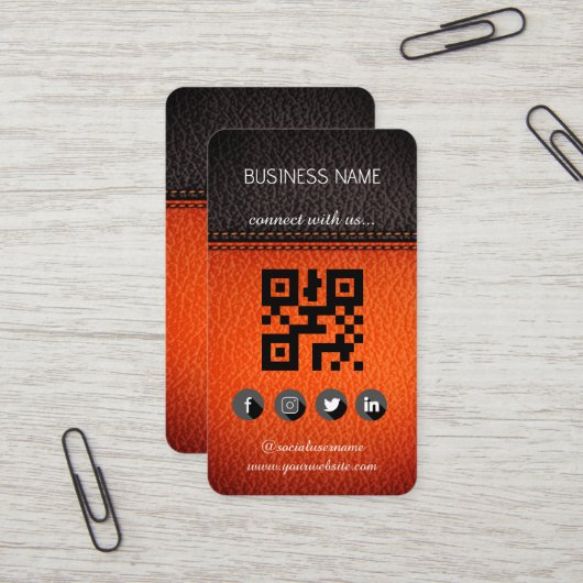 Carte De Visite Design en cuir Brown-noir-médias sociaux Code QR (Devant/Arrière en situation)