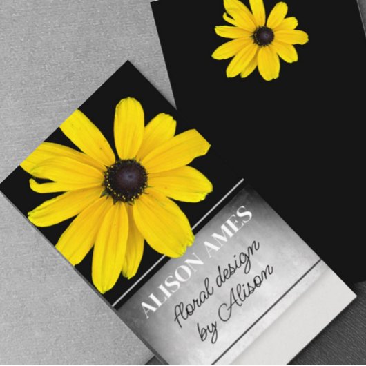 Carte De Visite design floral jaune soleil sur noir