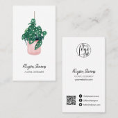 Carte De Visite Design floral moderne monstera logo blanc qr code (Devant / Derrière)