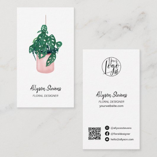 Carte De Visite Design floral moderne monstera logo blanc qr code (Devant / Derrière)