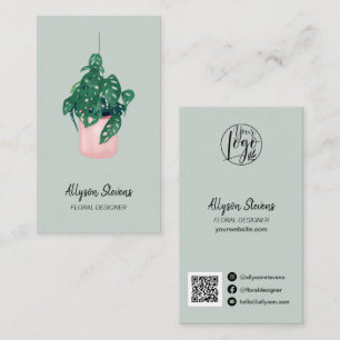 Carte De Visite Design floral moderne monstera logo vert qr code
