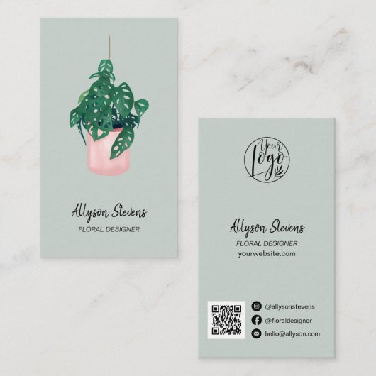 Carte De Visite Design floral moderne monstera logo vert qr code (Devant / Derrière)