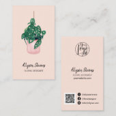 Carte De Visite Design floral moderne monstera rose logo qr code (Devant / Derrière)