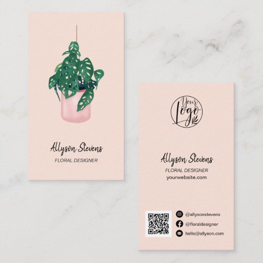 Carte De Visite Design floral moderne monstera rose logo qr code (Devant / Derrière)