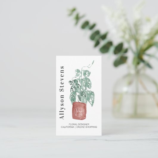 Carte De Visite Design floral moderne plante blanc logo qr code (Debout devant)
