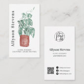 Carte De Visite Design floral moderne plante blanc logo qr code (Devant / Derrière)