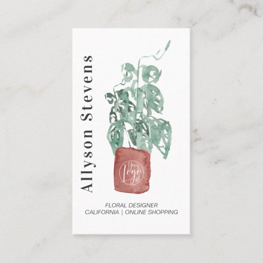 Carte De Visite Design floral moderne plante blanc logo qr code (Devant)