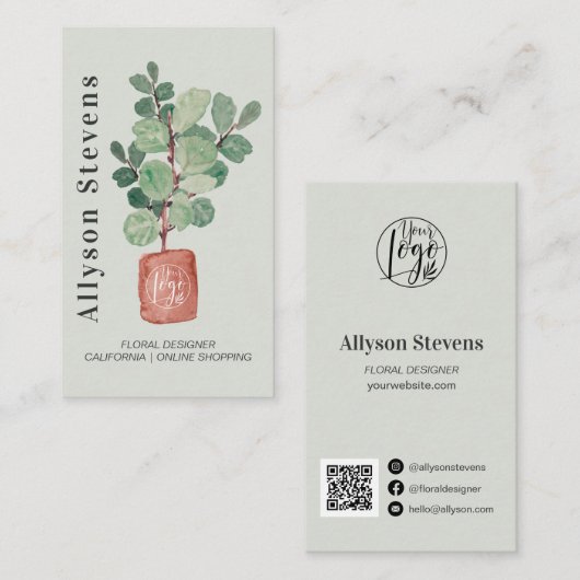 Carte De Visite Design floral moderne plante fig logo qr code (Devant / Derrière)