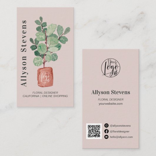 Carte De Visite Design floral moderne plante rose logo qr code (Devant / Derrière)