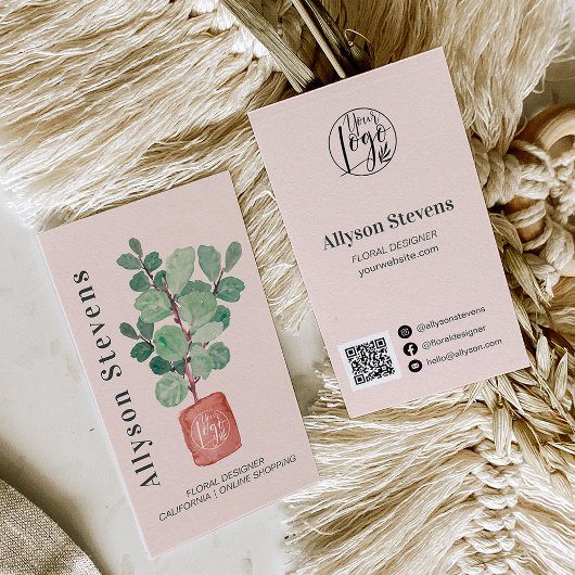 Carte De Visite Design floral moderne plante rose logo qr code