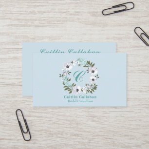 Carte De Visite Design floral noir, blanc et Turquoise monogramme