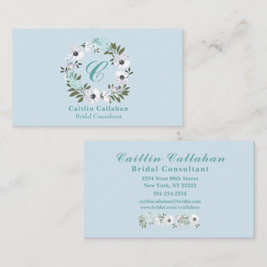 Carte De Visite Design floral noir, blanc et Turquoise monogramme (Devant / Derrière)