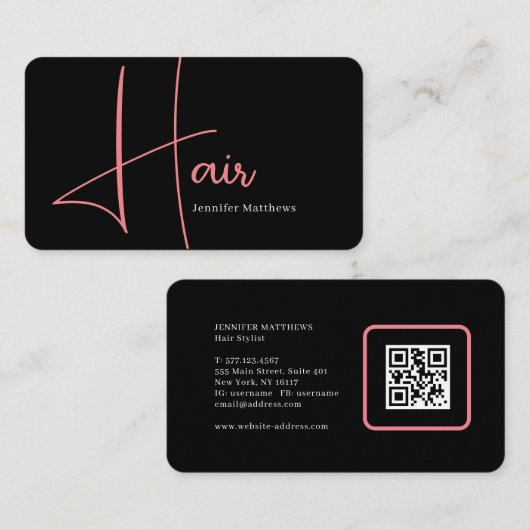 Carte De Visite Design glam rose néon cheveux script logo qr code (Devant / Derrière)