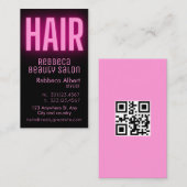 Carte De Visite Design glam rose néon cheveux script logo qr code (Devant / Derrière)