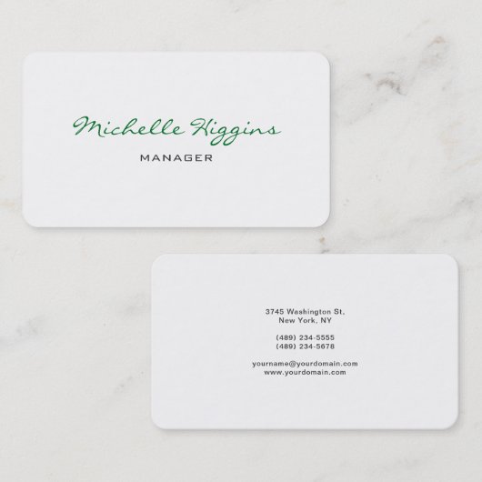 Carte De Visite Design Green Script White Manager Plain Elegant (Devant / Derrière)