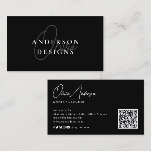 Carte De Visite Design moderne élégant Script QR Code Social Media (Devant / Derrière)