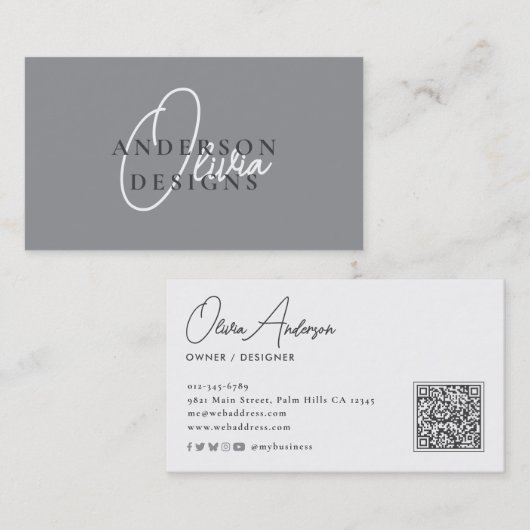Carte De Visite Design moderne élégant Script QR Code Social Media (Devant / Derrière)