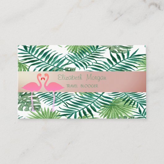 Carte De Visite Design moderne, Feuilles Tropical Palm, Flamants r (Devant)